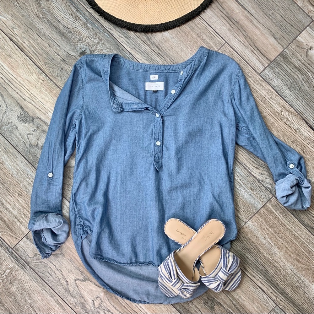 LOFT Softened Half Button Chambray Shirt